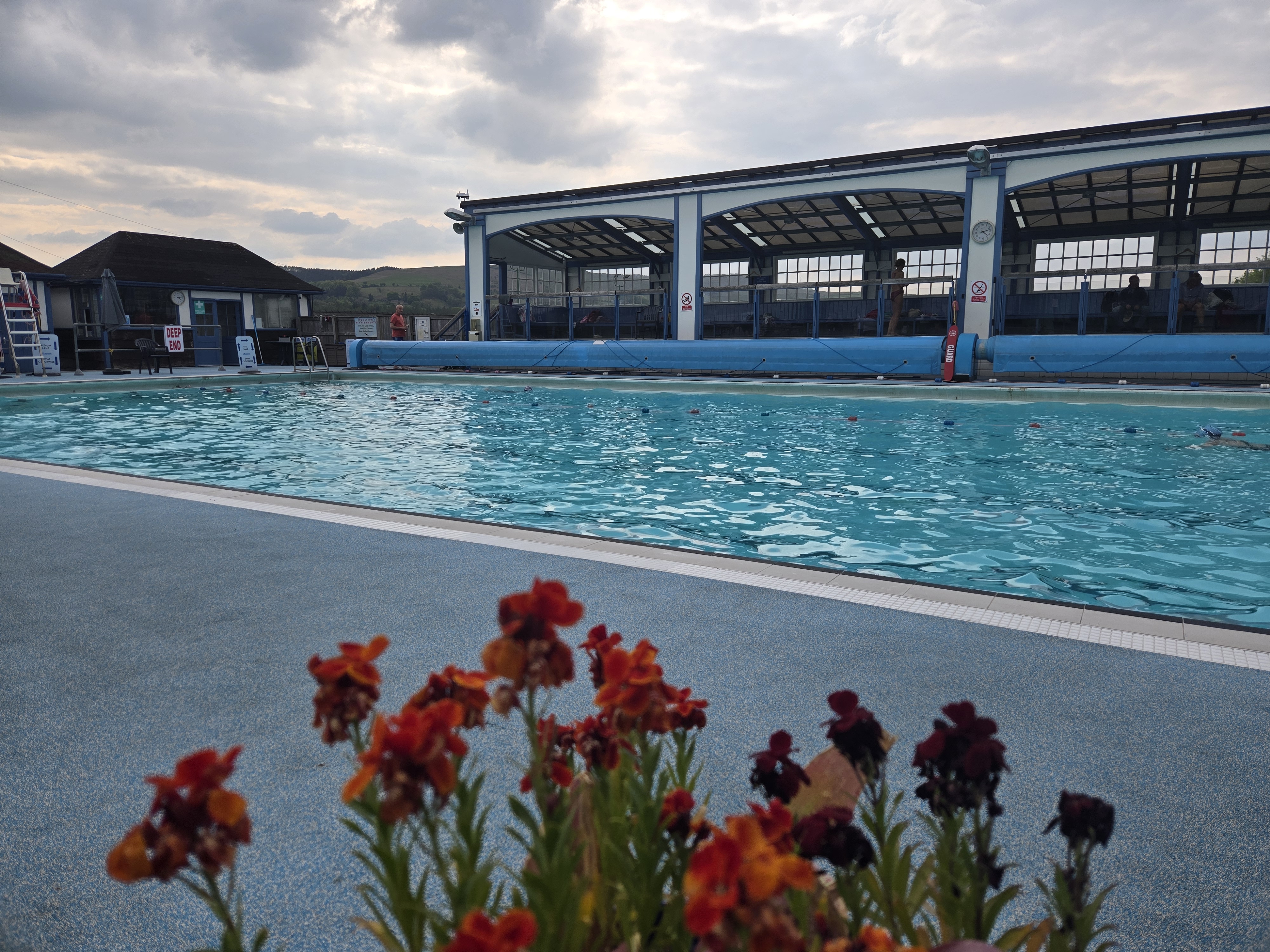 Outdoor swimming pool with red flowers in foreground