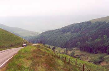 Road from Holme Moss looking into Longdendale and towards Kinder Scout, Peak District