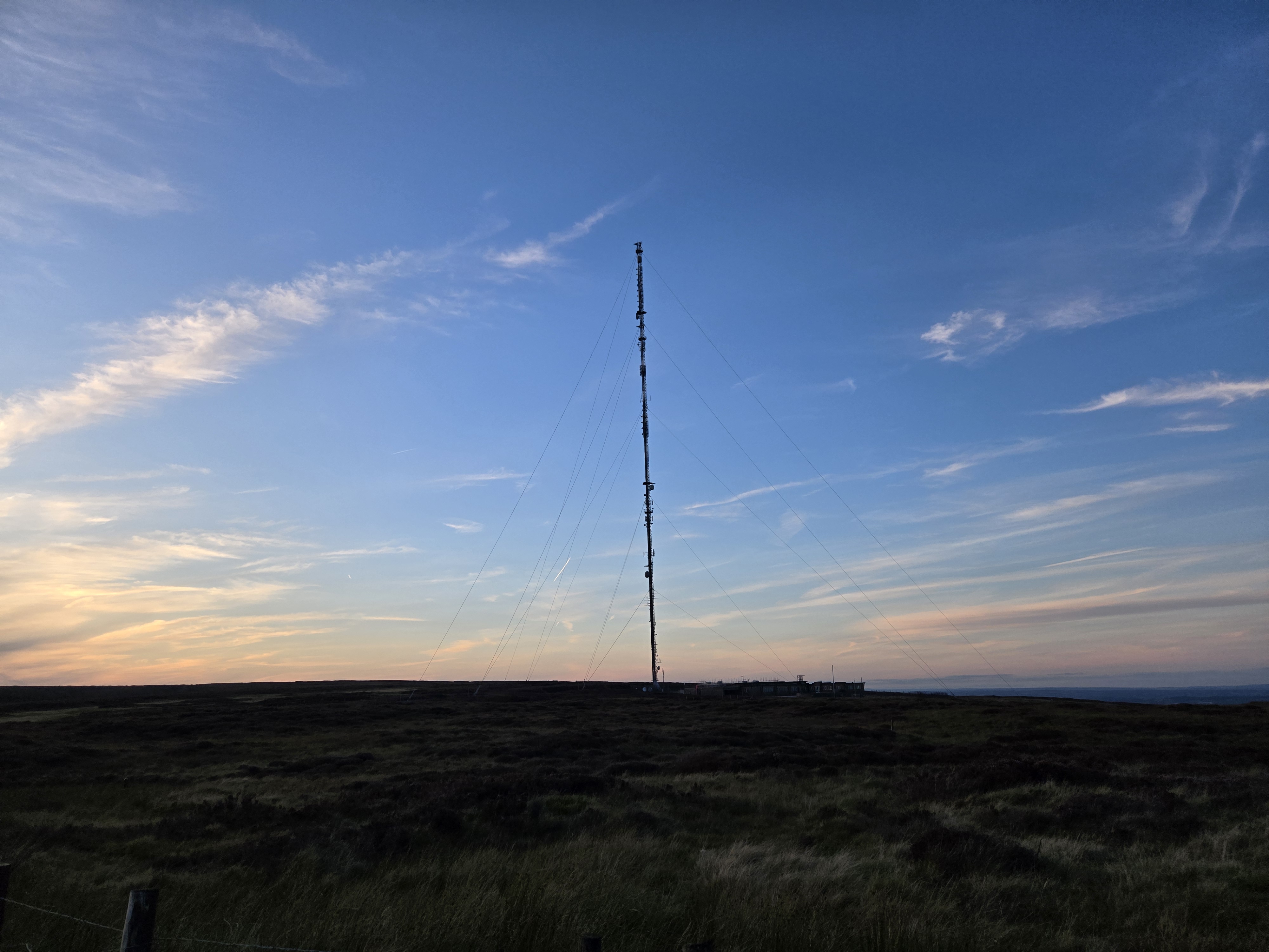 The Holme Moss transmitter on the moors at sunset